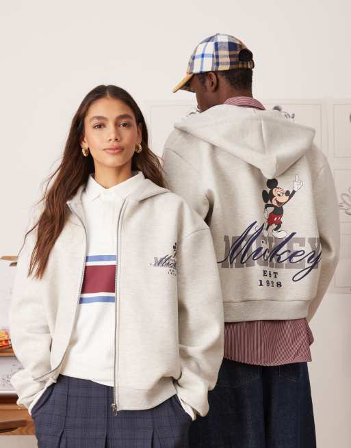ASOS DESIGN - Felpa con cappuccio unisex squadrata oversize in tessuto scuba grigio mélange con stampa di Topolino