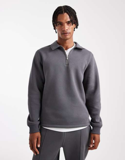 ASOS DESIGN - Felpa con colletto e zip corta vestibilità classica color antracite in coordinato