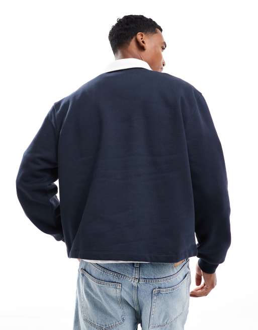 ASOS DESIGN - Felpa con colletto stile polo blu navy con stampa, 4 di 4