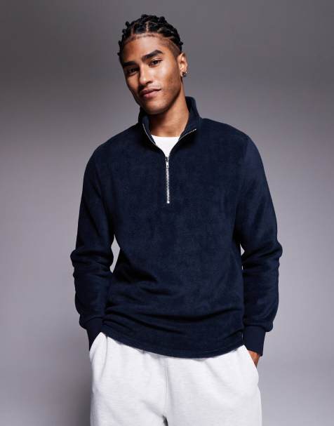 ASOS DESIGN - Felpa con collo a imbuto e zip corta in pile blu navy - view 1