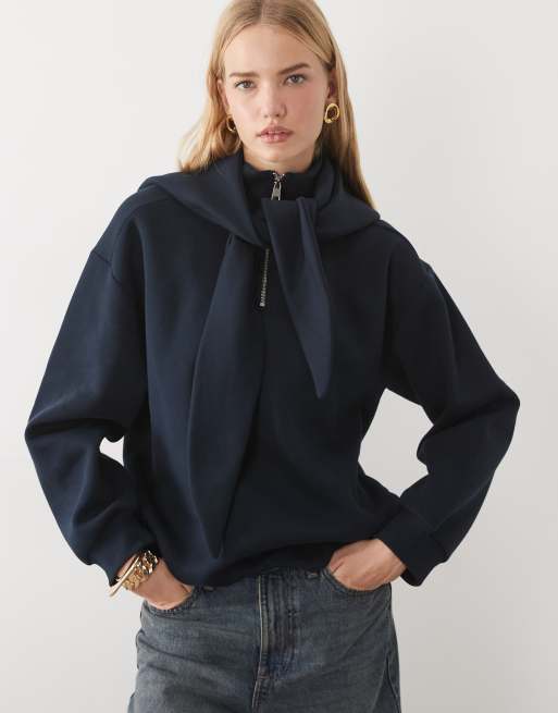 ASOS DESIGN felpa con collo a imbuto, mantella e dettaglio con laccio con zip, navy, 1 di 4