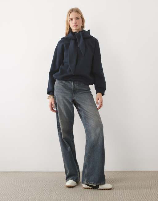 ASOS DESIGN felpa con collo a imbuto, mantella e dettaglio con laccio con zip, navy, 2 di 4