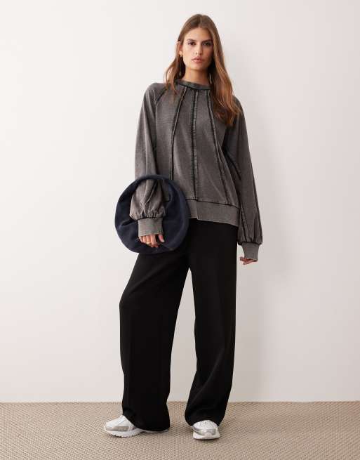 ASOS DESIGN - Felpa con cuciture e pannelli color antracite slavato, 2 di 4