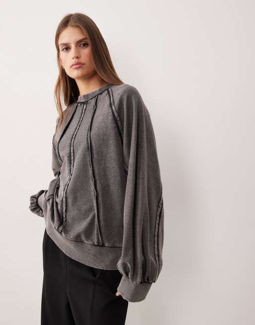 ASOS DESIGN - Felpa con cuciture e pannelli color antracite slavato, 4 di 4