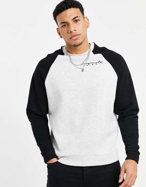 ASOS DESIGN - Felpa con maniche raglan in bianco e nero mélange con stampa sul petto