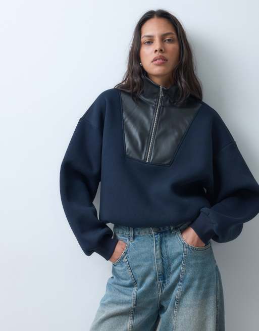 ASOS DESIGN felpa con zip corta con dettaglio in PU blu navy, 1 di 4