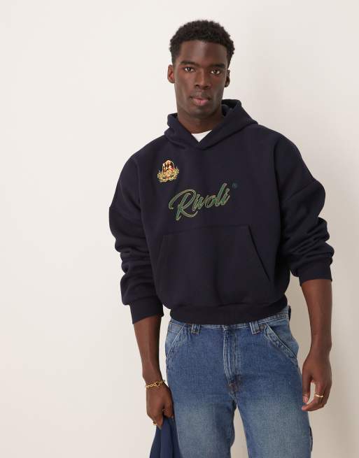 ASOS DESIGN - Felpa corta oversize con cappuccio e spalle scese blu navy con ricamo 
