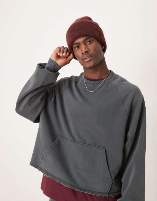 ASOS DESIGN - Felpa corta oversize con orlo grezzo color antracite