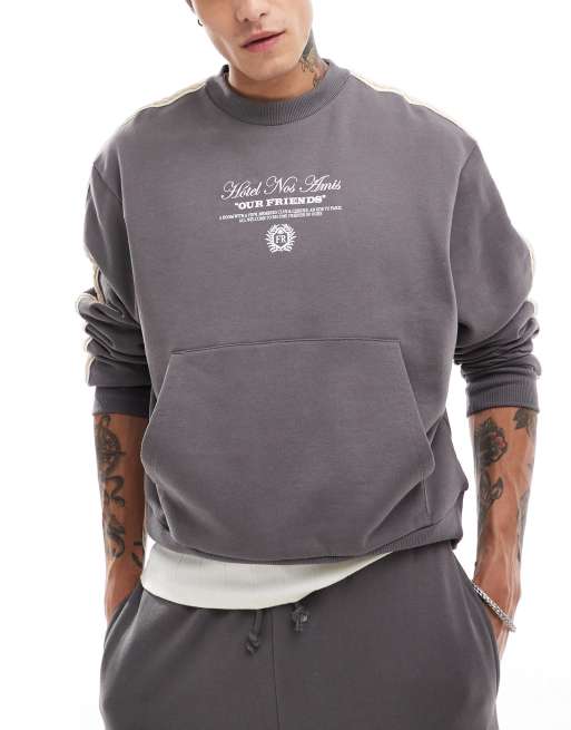ASOS DESIGN - Felpa corta squadrata antracite con nastro e testo stampato in coordinato