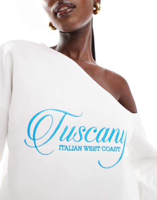 ASOS DESIGN - Felpa extra larga monospalla avorio con grafica "Tuscany", 2 di 4