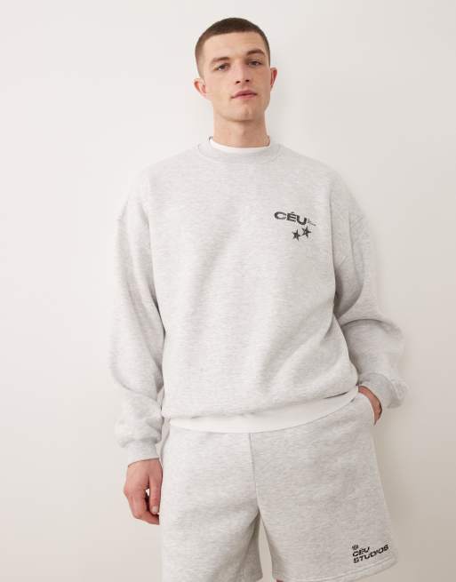 ASOS DESIGN - Coordinato grigio ghiaccio mélange con pantaloncini oversize e felpa girocollo con stampa, 3 di 3
