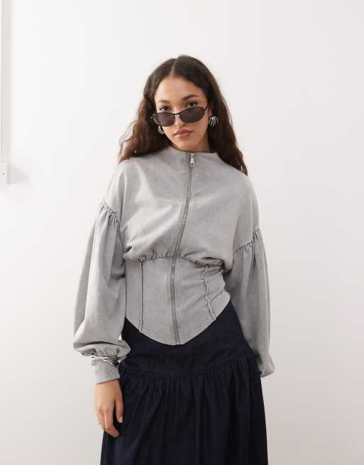 ASOS DESIGN - Felpa grigia lavaggio acido con cappuccio, collo a imbuto e zip