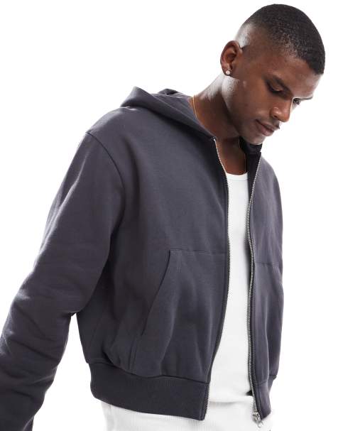 ASOS DESIGN - Felpa grigia squadrata con cappuccio, spalle scese e zip - view 1