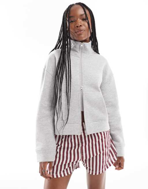 ASOS DESIGN - Felpa grigio mélange con collo a imbuto e zip
