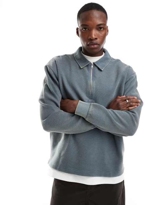ASOS DESIGN - Felpa grigio scuro a coste con zip corta e colletto stile polo