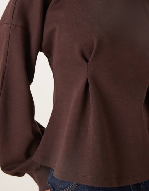 ASOS DESIGN - Felpa in interlock color cioccolato con vita a peplo, 4 di 4