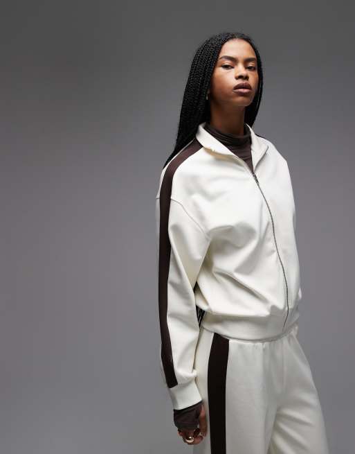 ASOS DESIGN - Felpa in interlock crema con profili a contrasto color cioccolato e zip in coordinato