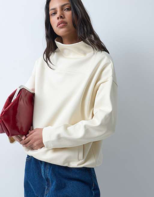 ASOS DESIGN felpa in jersey satin con dettaglio zip e collo a imbuto, avorio, 1 di 4