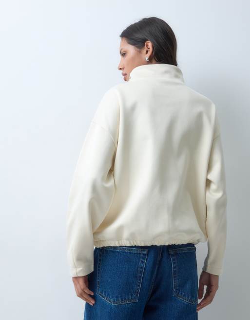 ASOS DESIGN felpa in jersey satin con dettaglio zip e collo a imbuto, avorio, 4 di 4
