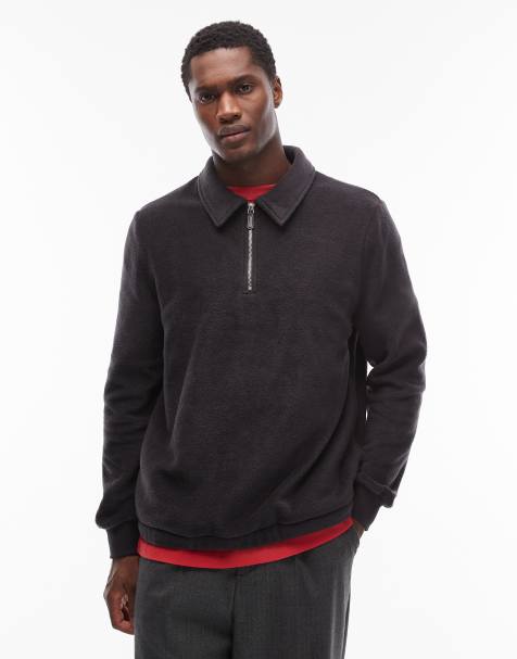 ASOS DESIGN - Felpa in pile antracite con scollo a imbuto, zip corta e colletto - view 1