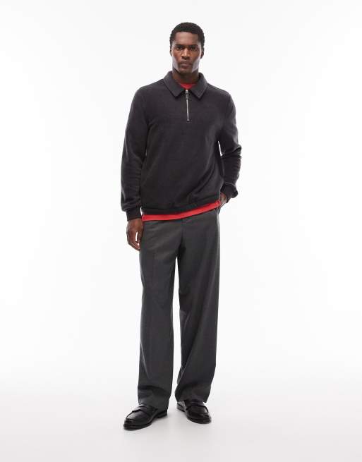 ASOS DESIGN - Felpa in pile antracite con scollo a imbuto, zip corta e colletto, 2 di 5