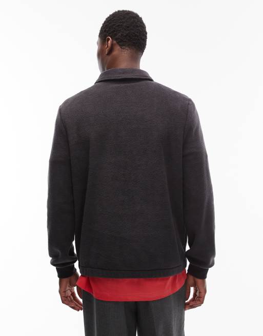 ASOS DESIGN - Felpa in pile antracite con scollo a imbuto, zip corta e colletto, 3 di 5