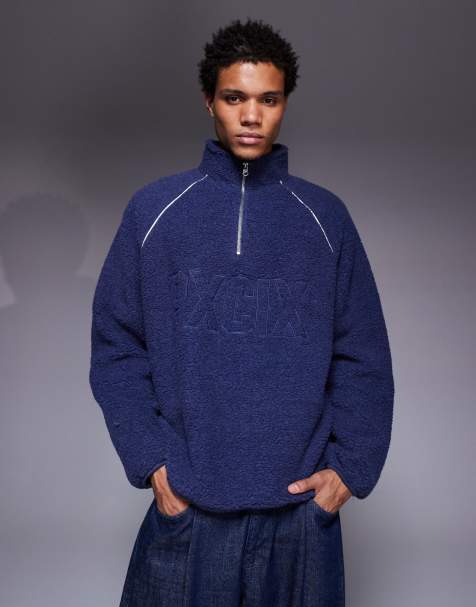 ASOS DESIGN - Felpa in pile borg blu con cuciture e stampa sul petto - view 1