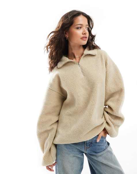 ASOS DESIGN - Felpa in pile borg tonalità neutra oversize con zip corta - view 1