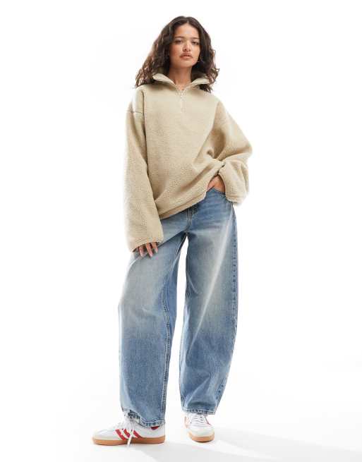 ASOS DESIGN - Felpa in pile borg tonalità neutra oversize con zip corta, 3 di 4