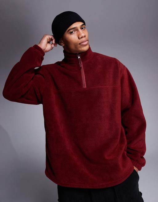 ASOS DESIGN - Felpa in pile oversize bordeaux con zip corta