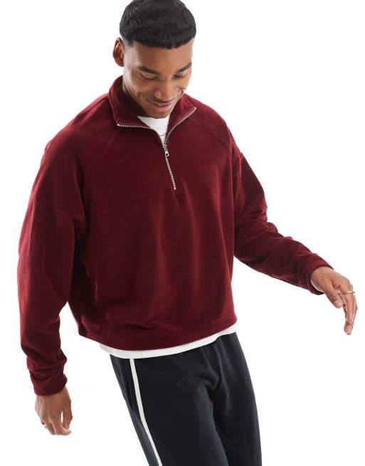ASOS DESIGN - Felpa in pile oversize bordeaux con zip corta