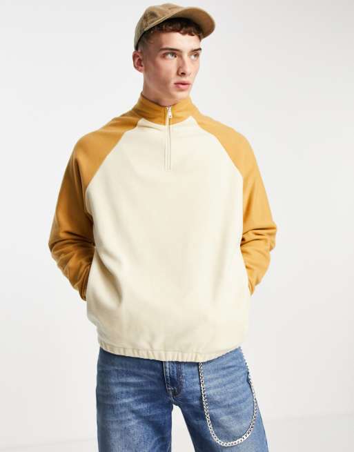 ASOS DESIGN - Felpa in pile oversize con zip corta e maniche a contrasto