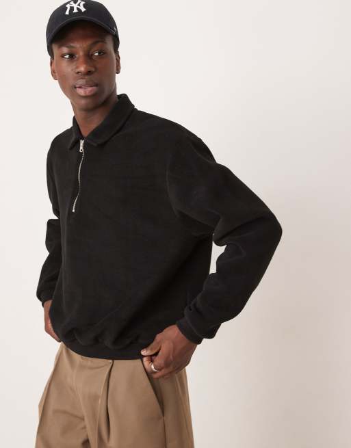 ASOS DESIGN - Felpa in pile stile polo oversize squadrata nera