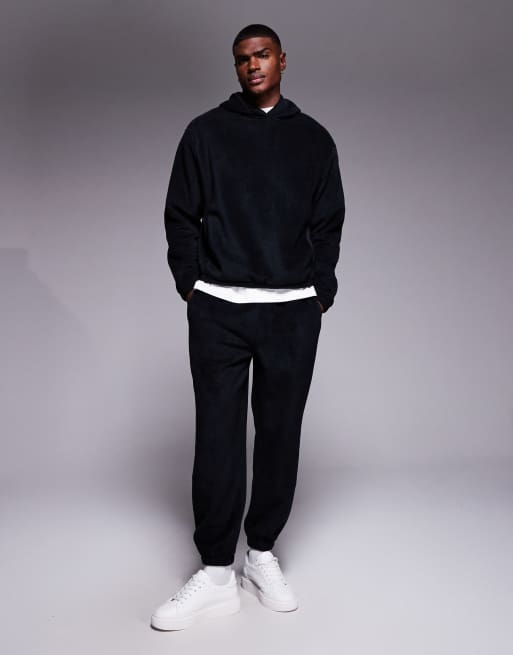 ASOS DESIGN - Felpa in pile vestibilità comoda nera con cappuccio in coordinato, 2 di 5