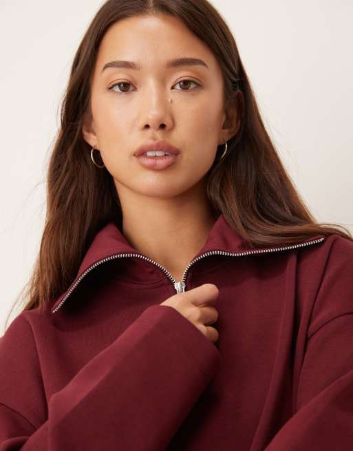 ASOS DESIGN - Felpa in tessuto interlock color bordeaux con zip corta, 3 di 4