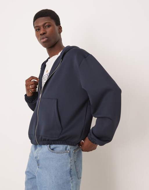 ASOS DESIGN - Felpa in tessuto scuba blu navy oversize squadrata con cappuccio e zip