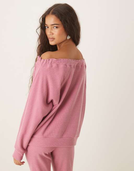 ASOS DESIGN - Felpa morbidissima rosa con spalle scoperte e coulisse, 3 di 4