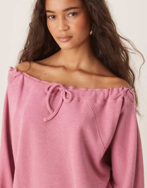ASOS DESIGN - Felpa morbidissima rosa con spalle scoperte e coulisse, 4 di 4