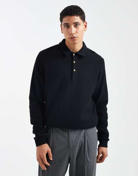 ASOS DESIGN - Felpa nera a coste con colletto stile polo - view 1