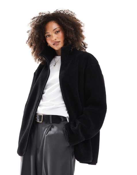 ASOS DESIGN - Felpa nera in pile borg con zip - view 1