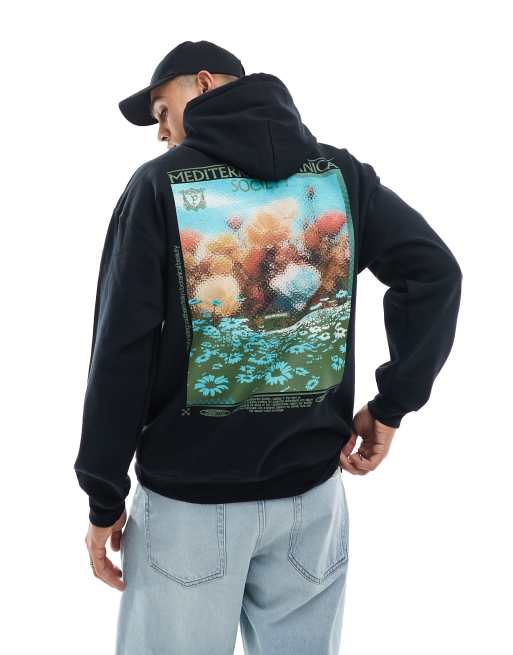 ASOS DESIGN - Felpa nera oversize con cappuccio e stampa sul petto e sulla schiena