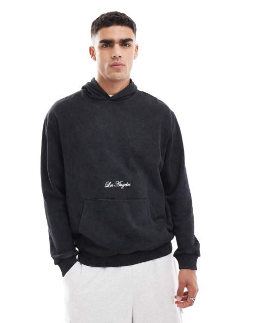 ASOS DESIGN - Felpa nero slavato oversize con cappuccio e stampa “Los Angeles”, 4 di 4