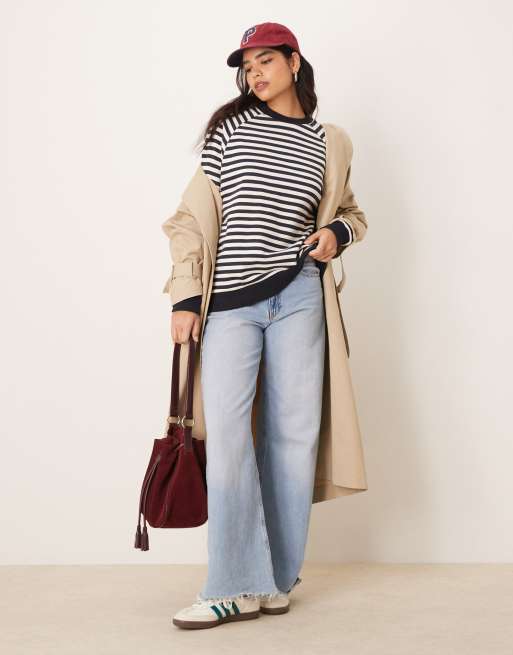 ASOS DESIGN - Felpa oversize a maniche lunghe blu navy a righe e a coste, 4 di 4