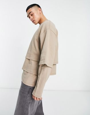 ASOS DESIGN oversized triple layer sweatshirt in beige  - ASOS Price Checker