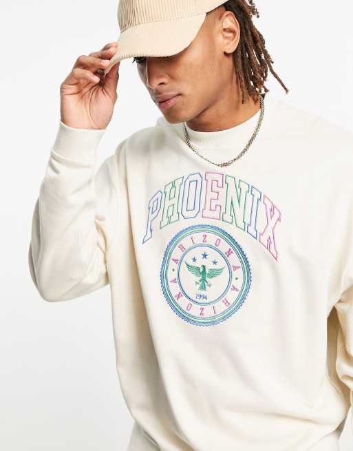 ASOS DESIGN - Felpa oversize beige colorblock con ricamo “Phoenix” stile college