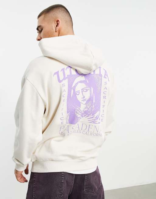 ASOS DESIGN - Felpa oversize beige con cappuccio e stampa sul retro