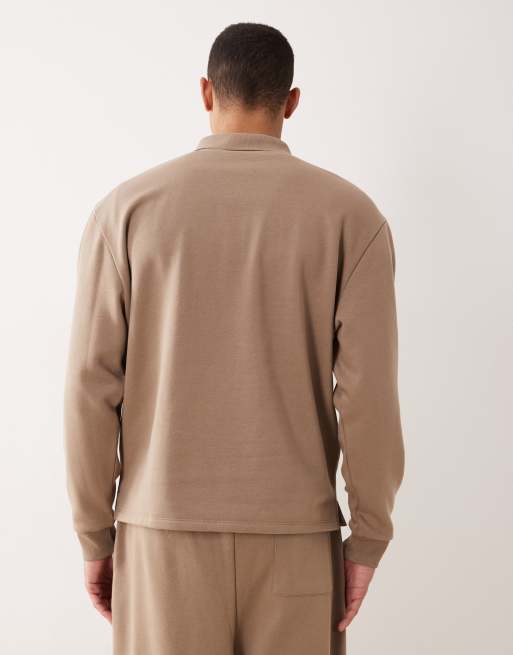 ASOS DESIGN - Felpa oversize beige con colletto a coste e zip corta, 3 di 5
