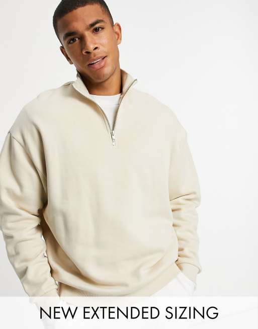 ASOS DESIGN - Felpa oversize beige con zip corta - BEIGE