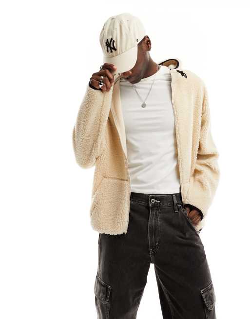 ASOS DESIGN - Felpa oversize beige in pile borg con cappuccio e zip