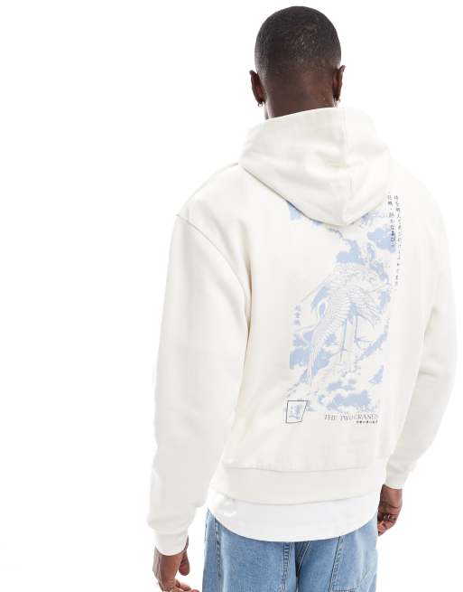 ASOS DESIGN - Felpa oversize bianco sporco con cappuccio e stampa di uccello sul retro